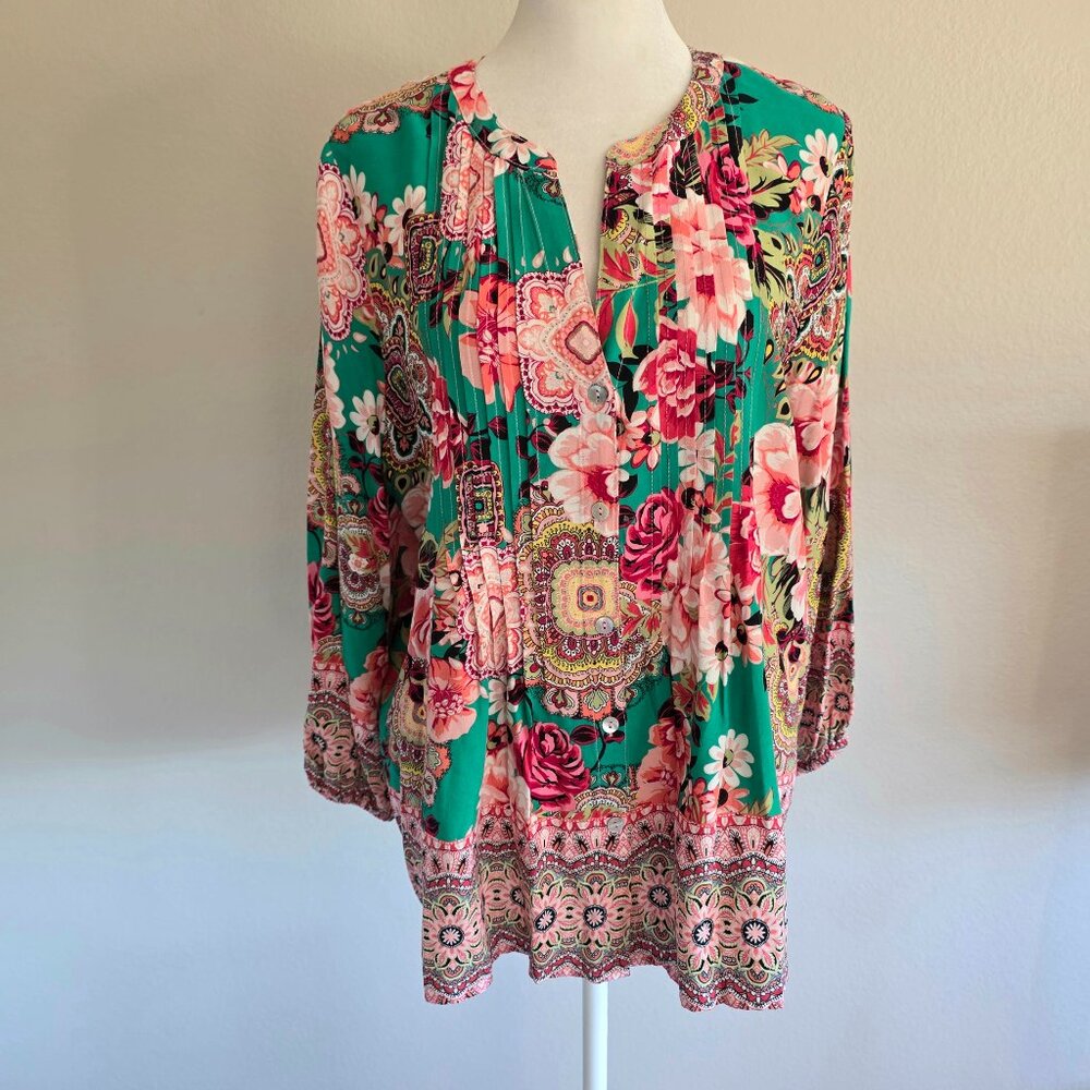 Fig & Flower Blouse Top Floral Colorful Pleat Button Front Long Sleeve Petite XL